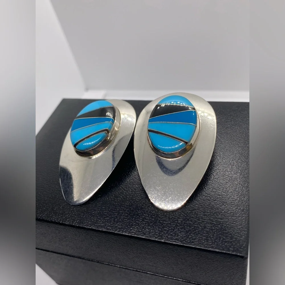 Sterling Silver Block Multi Stone Inlay Post Earrings SIGNED turquoise Navajo - Picture 10 of 16